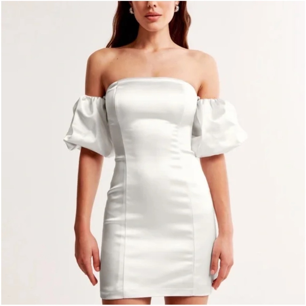 Abercrombie & Fitch White Pearl Satin Off Shoulder Puff Sleeve Mini Dress NWT ST